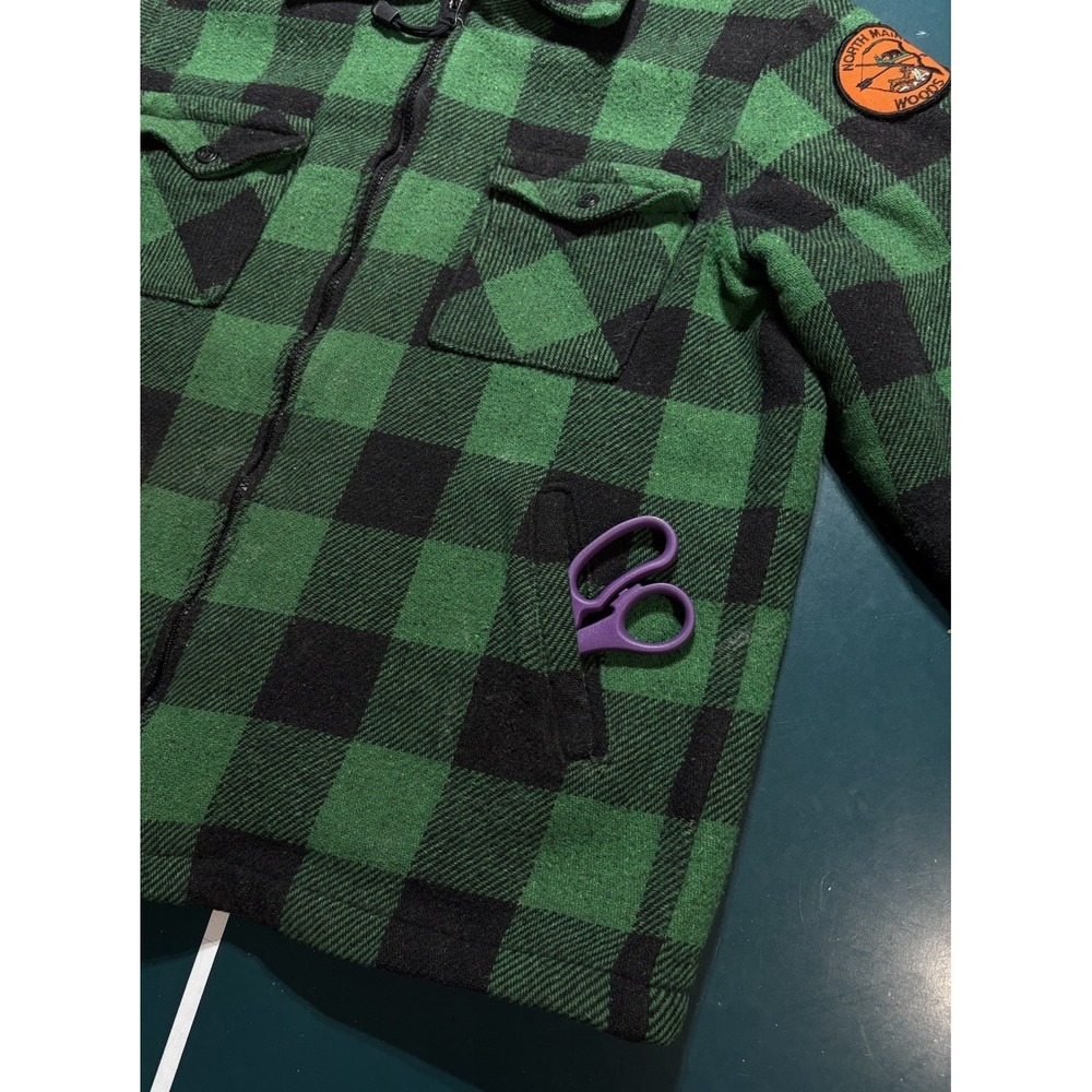 Vtg 70s Woolrich Mackinaw Jacket Green Buffalo Plaid North Maine Woods Patch L - Picture 7 of 16